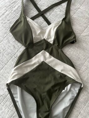 Michael Kors Cutout One-Piece Swimsuit in Olive & White